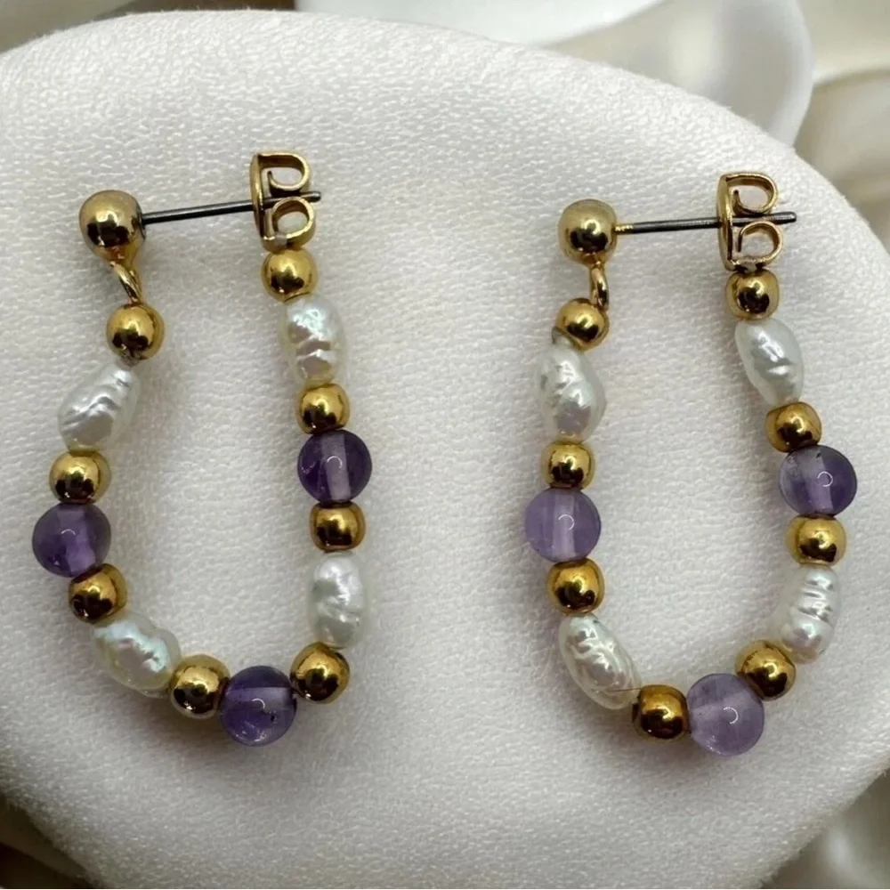 Boho Chic Gold Hoop Earrings with Amethyst & Pearls - Picture 7 of 7